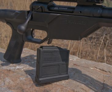 The rifle feeds from an AICS-pattern 10-round detachable magazine.