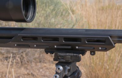 The hand guard portion of the stock features M-LOK attachment points and is short and compact.