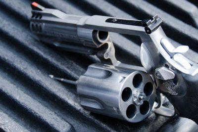 The lockup of the new X-Frame revolver was designed around a center pin in the rear of the cylinder, mated with a ball detent in the frame.