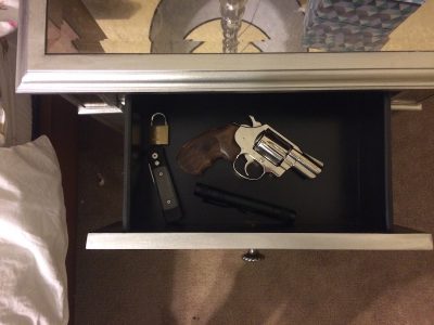 Time Yourself! How Long Does it Take to Execute Your Home Defense Plan? If you opt to keep a loaded gun in your nightstand, my advice is keep that drawer as clean as possible and include only the essentials: knife, gun, flashlight.