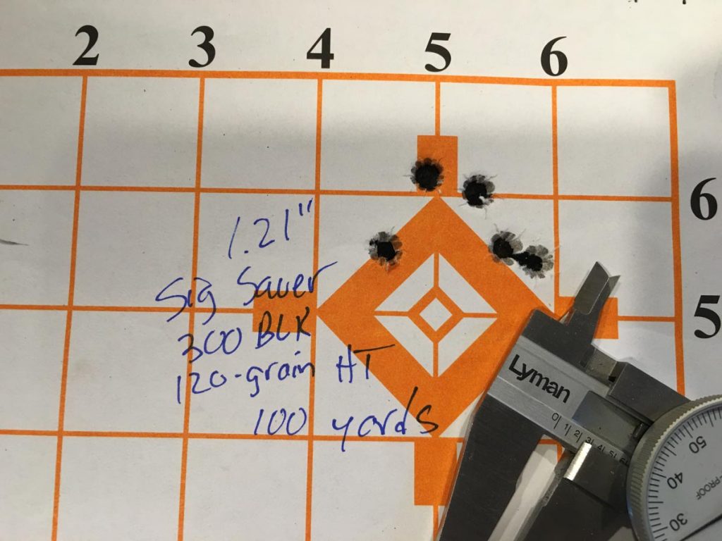 I had little trouble getting 100-yard, five-shot groups like this with the 300 Blackout HT load.