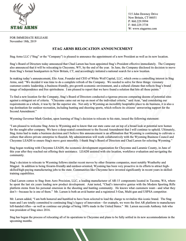 Stag Arms Relocates to Wyoming, Leaves Connecticut Stag Arms Relocates to Wyoming, Leaves Connecticut