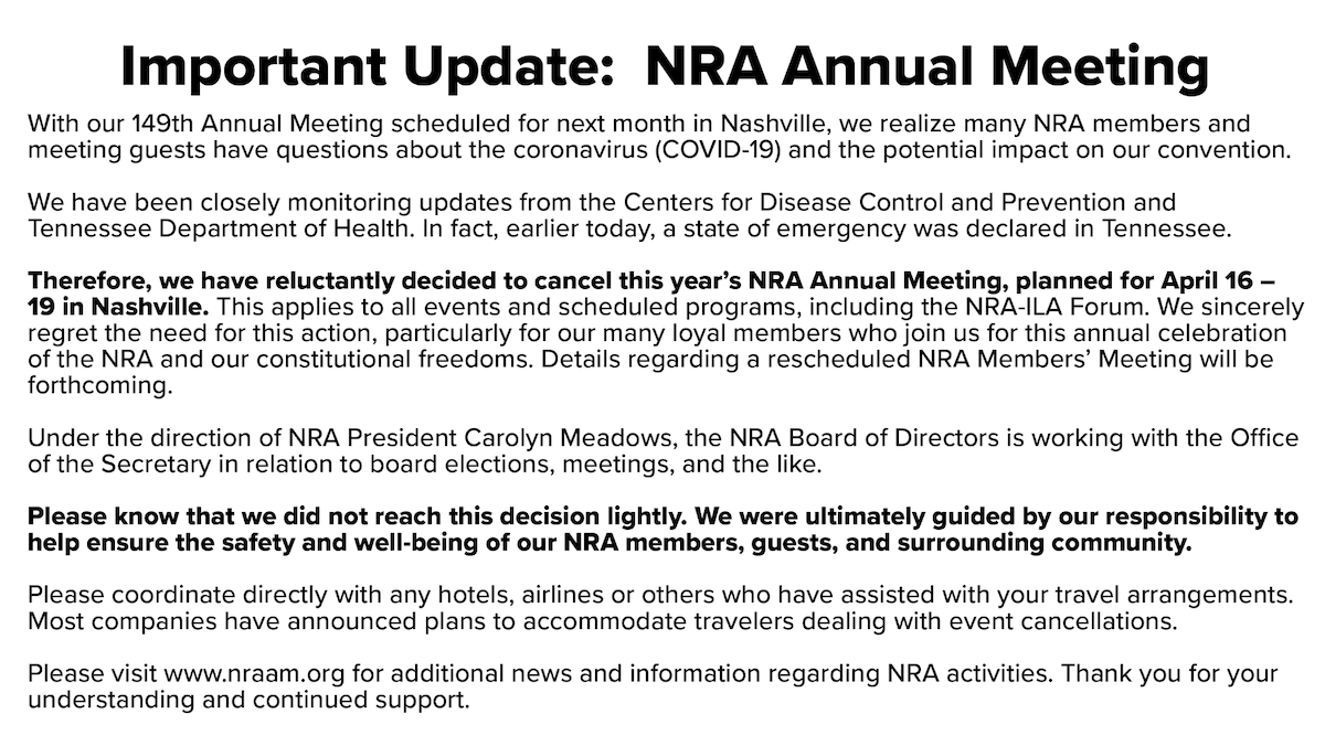 NRA Cancels 2020 Annual Meetings & Exhibits in Nashville