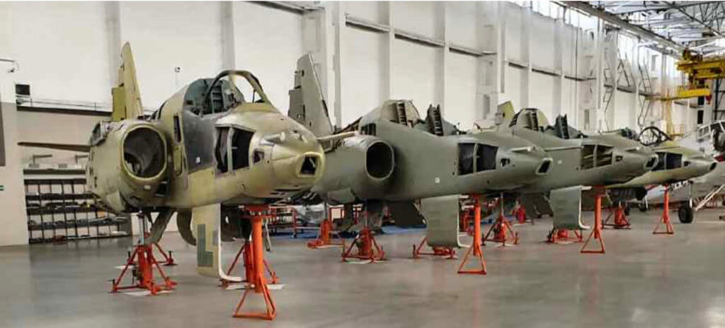 Frogfoot Su-25 aircraft lined up in the factory