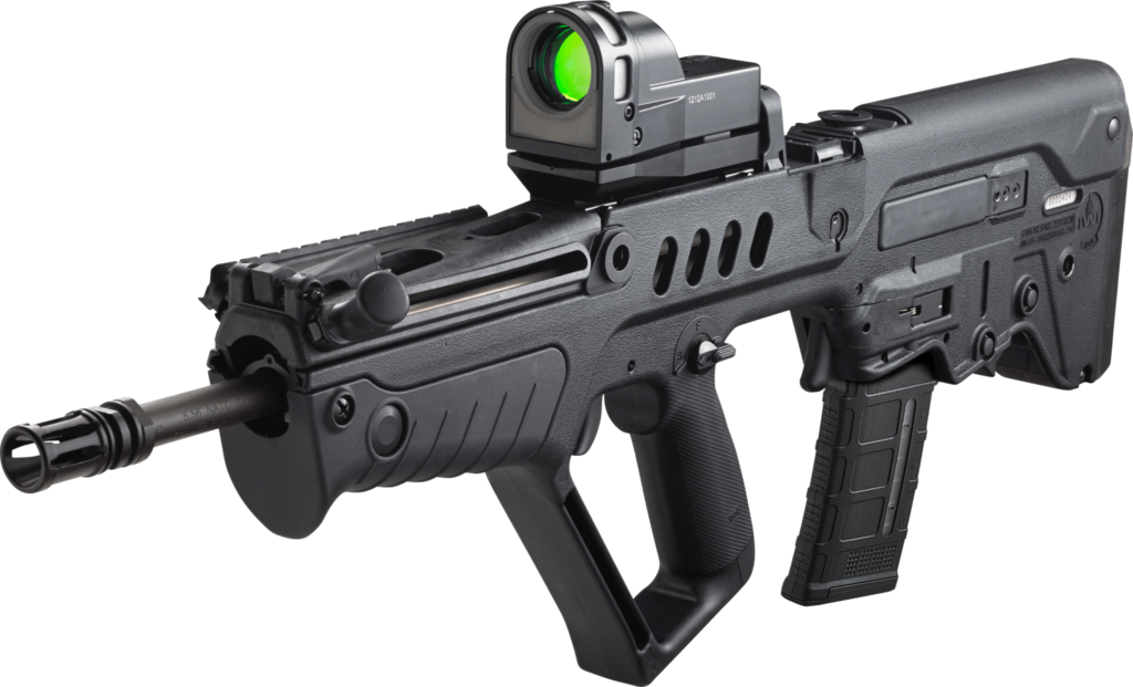 Tavor bullpup rifle in 5.56 with red dot optic
