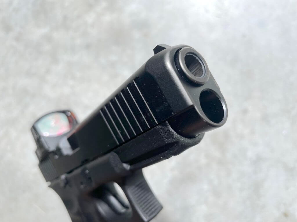 Tapered muzzle of a Glock G47 MOS pistol.