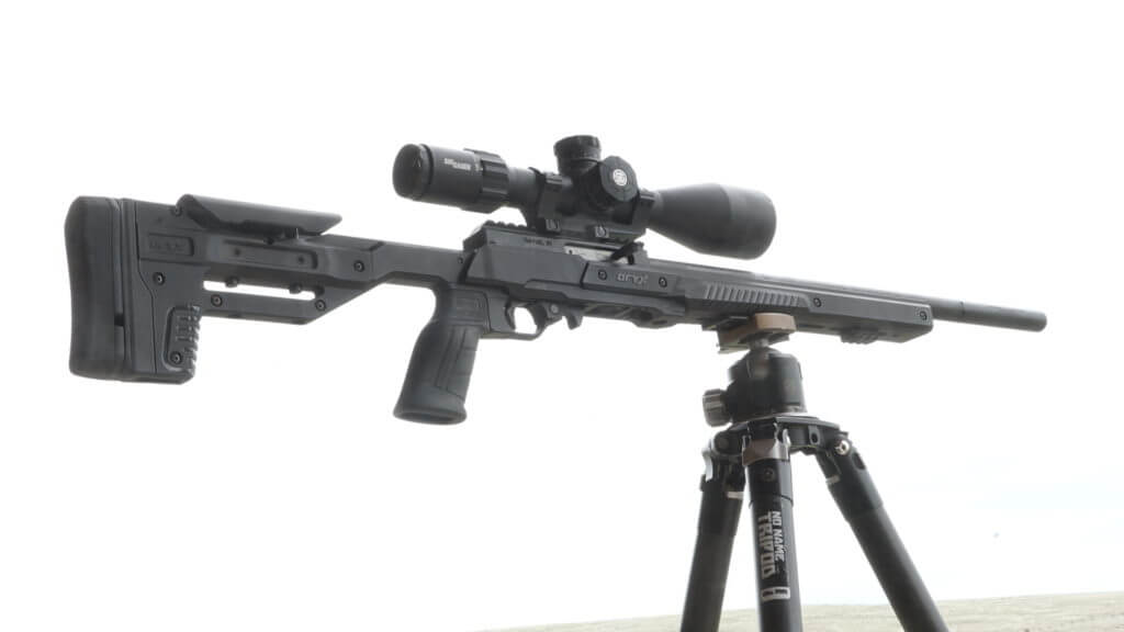 Volquartsen rifle set up with scope on tripod