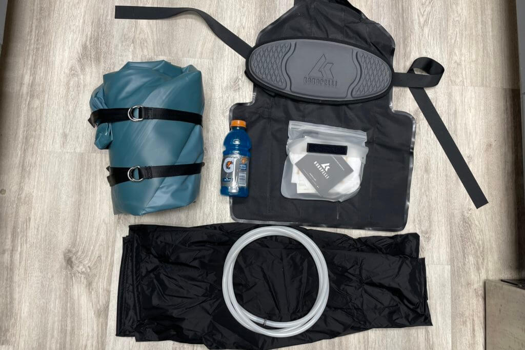 Backcountry Rafting: 9.1lb Kokopelli Rogue R-Deck Packraft Review Included gear that comes with the Rogue R-Deck excluding the Gatorade. That is just for a size comparison