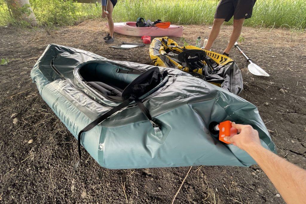 Backcountry Rafting: 9.1lb Kokopelli Rogue R-Deck Packraft Review Using the Kokopelli Feather Pump to air up the Rogue R-Deck
