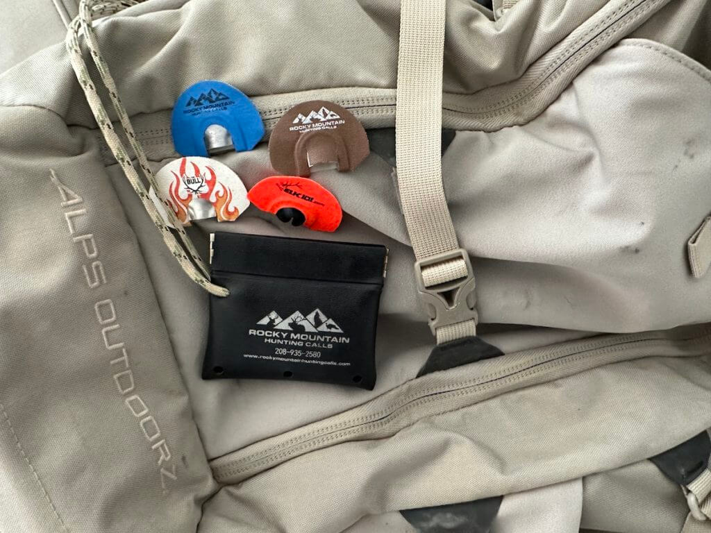 Rocky Mountain Hunting Calls with carrying pouch and grey gear bag