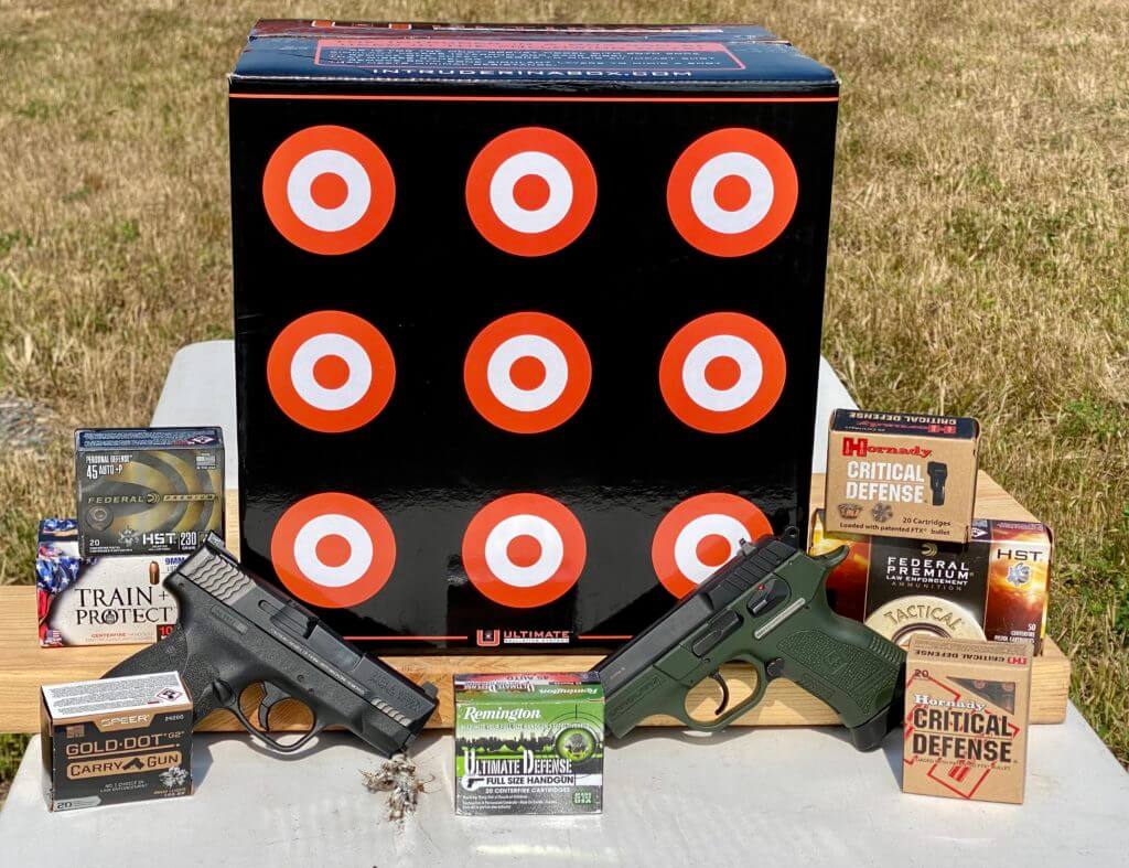 Intruder in a Box: A Better Way to Test Self-Defense Ammunition? An assortment of self-defense ammunition with two pistols and a "Intruder In a Box" set