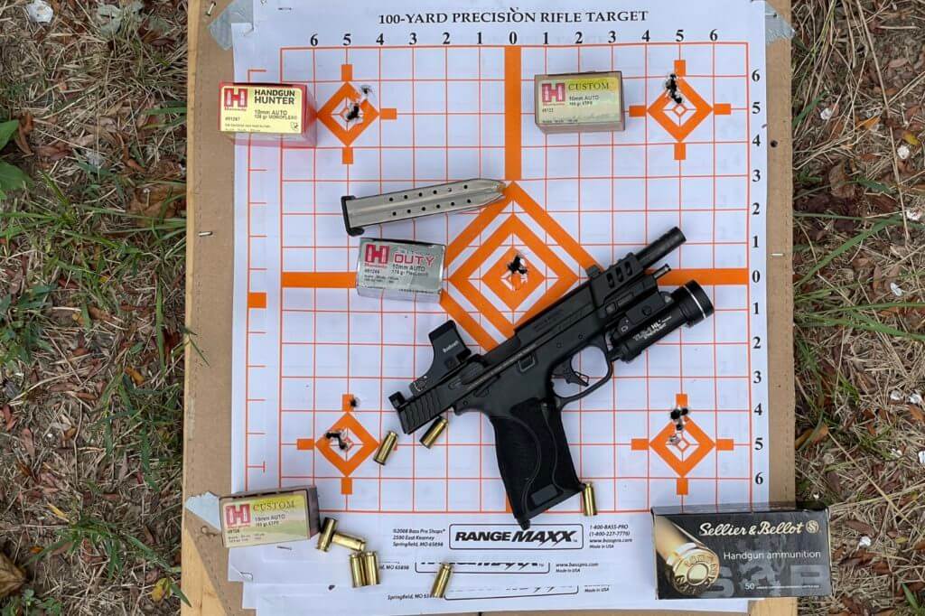 5-round groups shot from 10 yards. Top Left: Hornady 135gr MONOFLEX, Top Right: Hornady 155gr XTP, Middle: Hornady 175gr FlexLock, Bottom Left: Hornady 180gr XTP, Bottom Right: S&B 180gr FMJ