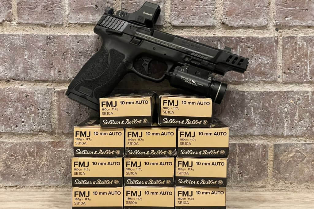 Smith & Wesson Performance Center 10mm M2.0 sitting on a pile of ammo