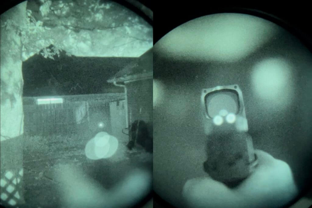 2 - Bushnell RXM-300 Reflex Sight Review looking through a PVS14 at the RXM-300 set to the lowest brightness setting
