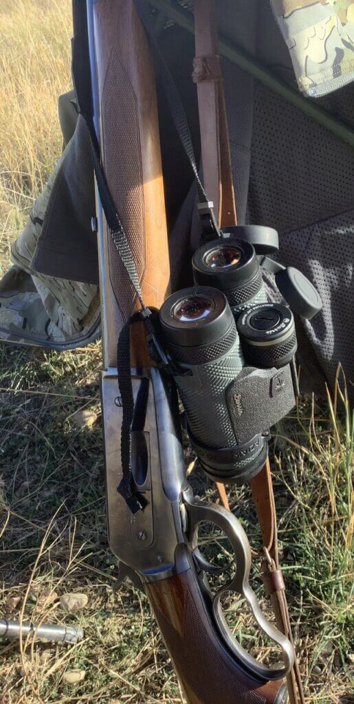 Review: Burris LRF 10x42 binoculars 10x42 Burris LRF binoculars with wooden shotgun and camo hunting gear