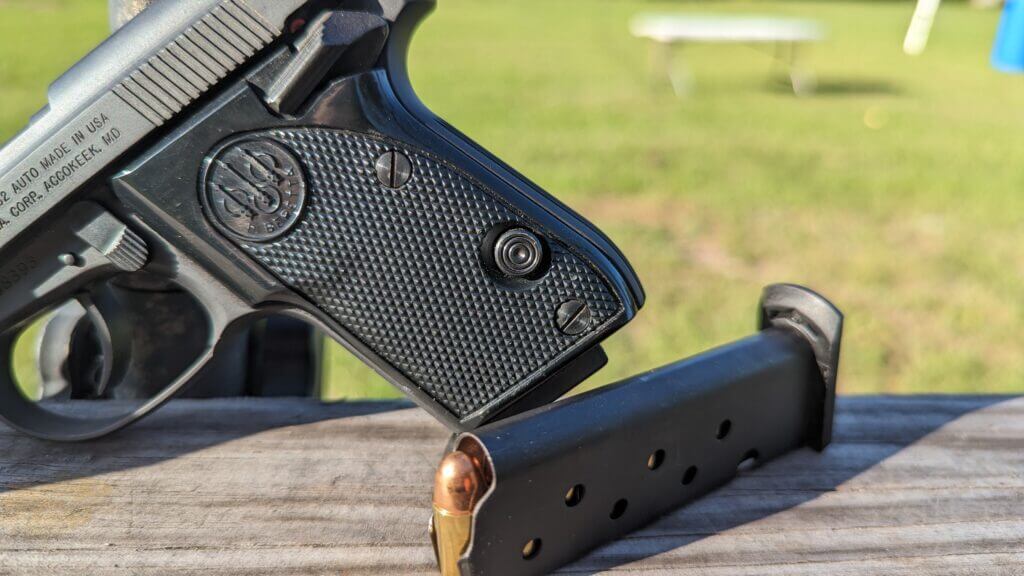 3 - The Beretta Tomcat - Micro-Sized Bite Beretta Tomcat and loaded magazine propped on wood