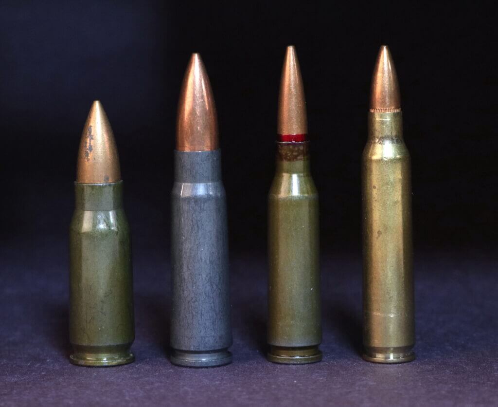 WW2-vintage German 7.92x33mm, the Combloc M43 7.62x39mm, the 5.45x39mm round fired by the AK-74, and the US 5.56x45mm. Russian