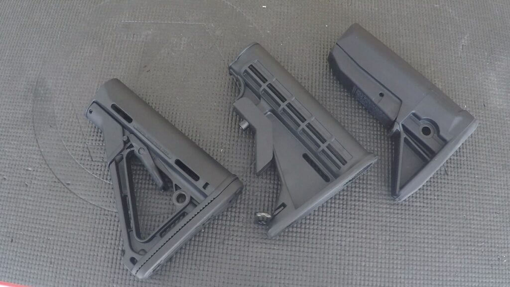 Magpul CTR stock, mil-spec stock,  BCM Gunfighter Mod 0 stock compared.