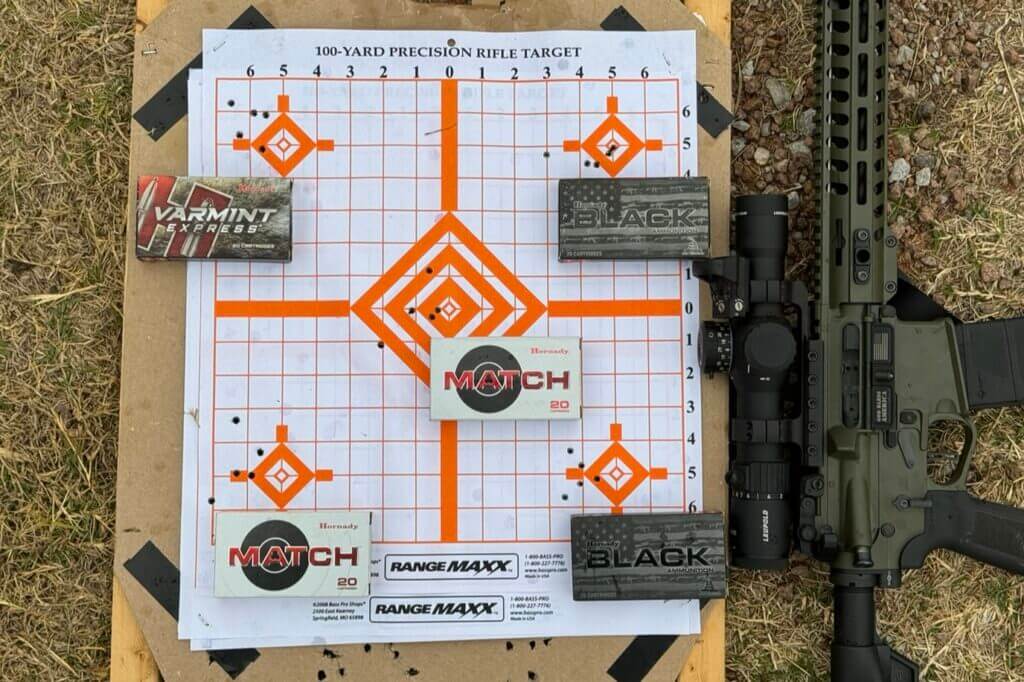 Groups shot from 100 yards with each box of ammo placed next to its respective group