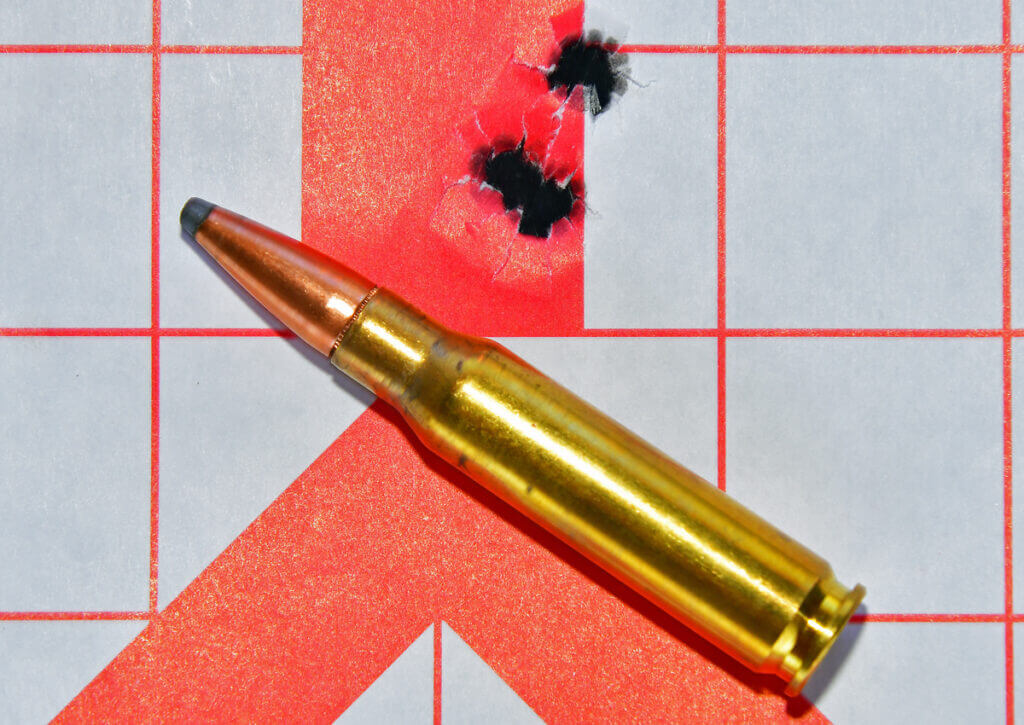 Test group fired with Hornady American Whitetail 150 gr. 308 Win ammo 