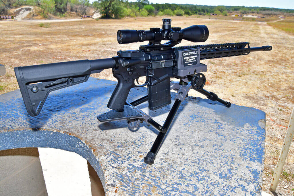 Ruger SFAR resting on Caldwell Precision Turret Rifle Rest at shooting bench.
