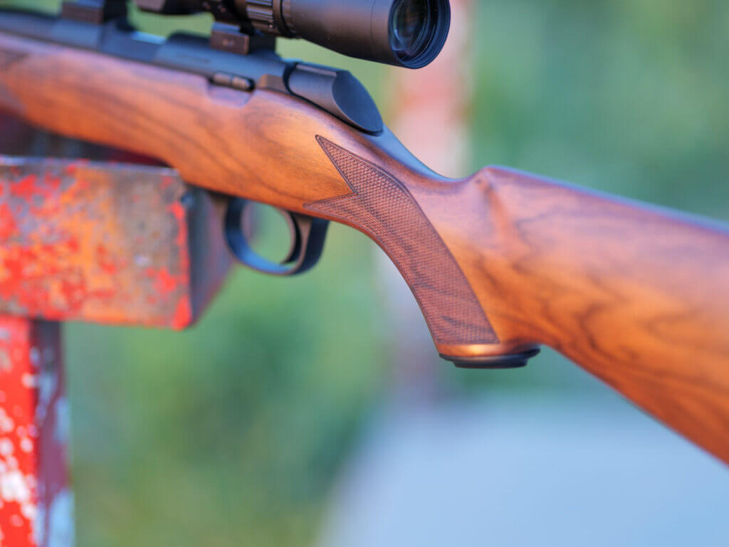 Checker pattern on palm swell of Springfield's 2020 Rimfire Rifle