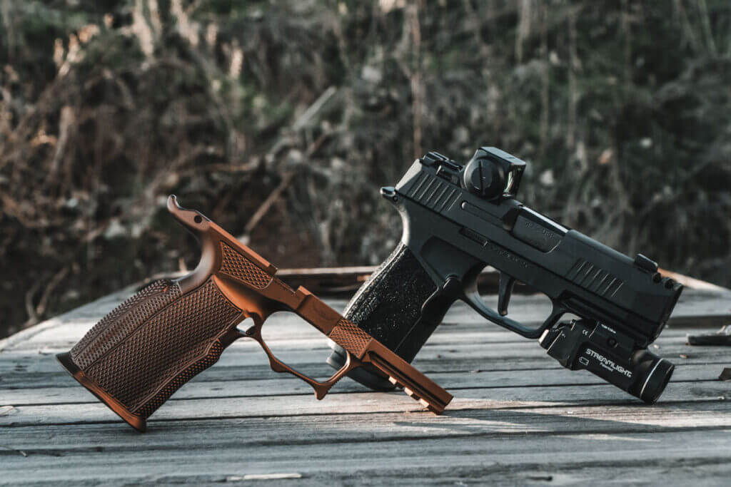 Icarus Precision A.C.E. Aluminum Lower For Sig P365 X Macro compared to the SIG Polymer grip