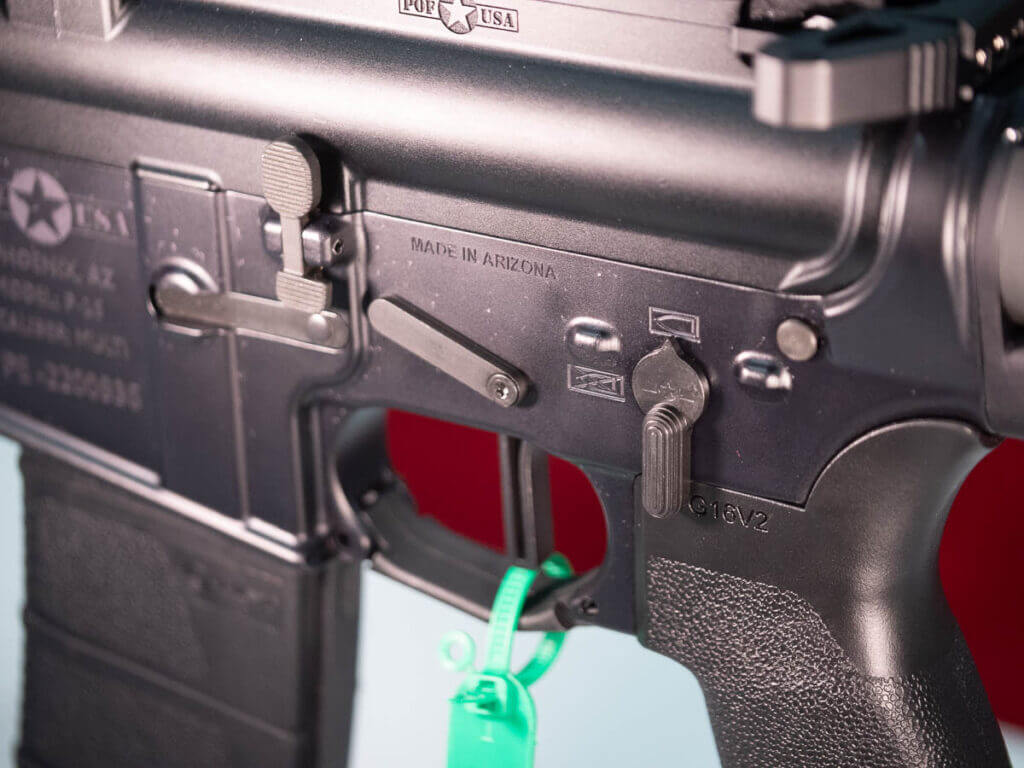 Close up view of the left side of the lower receiver.