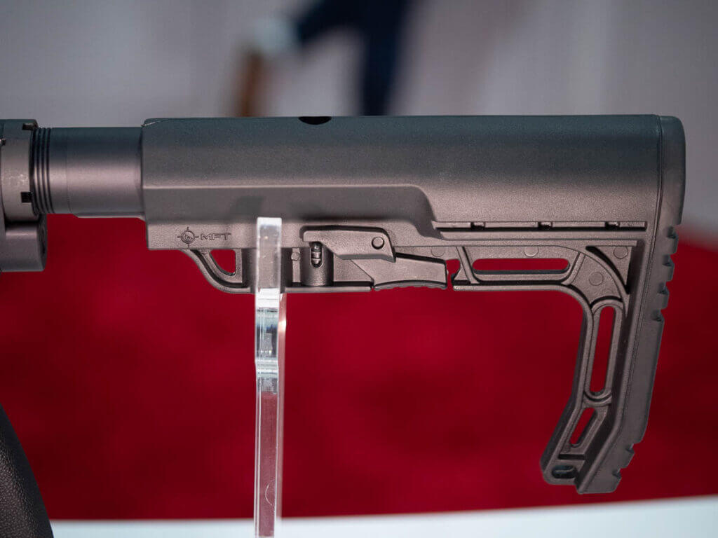 Close up of the butt stock. The gun is pointed left.