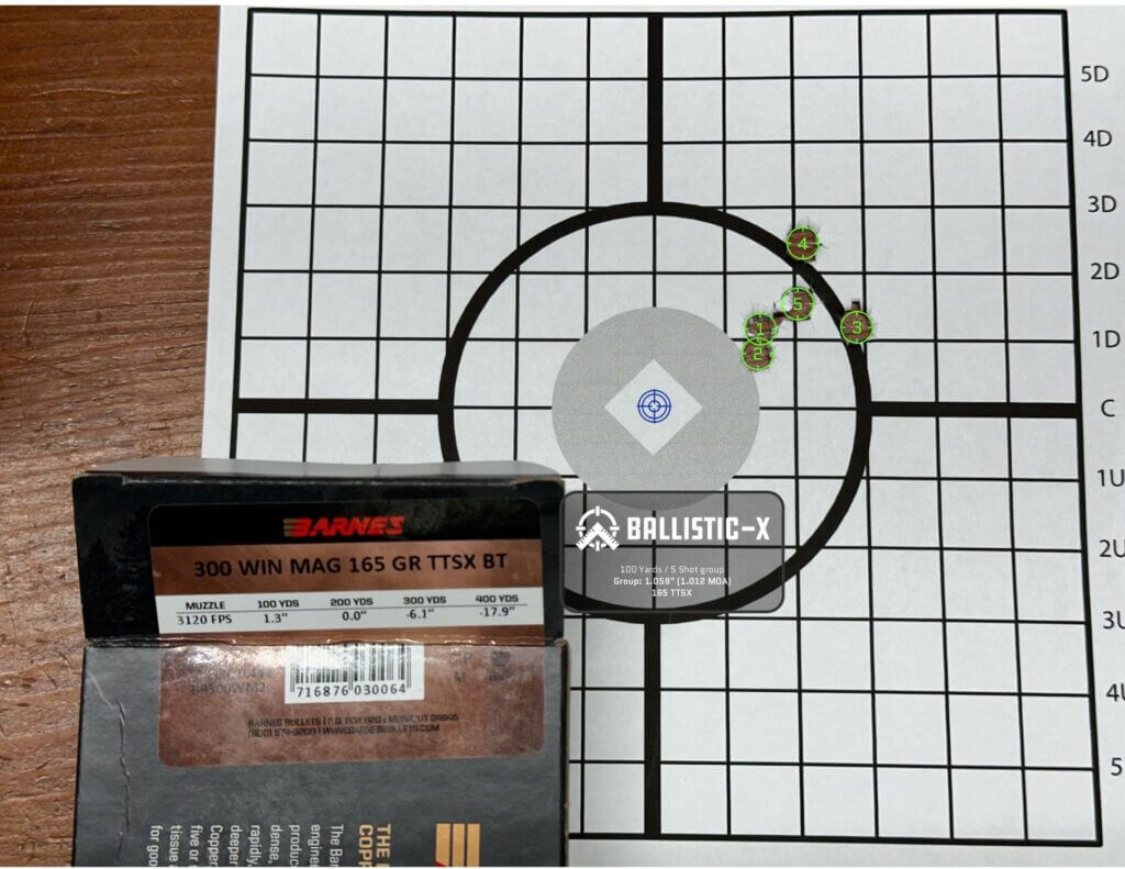 A 5-round group from a rifle is shown here.