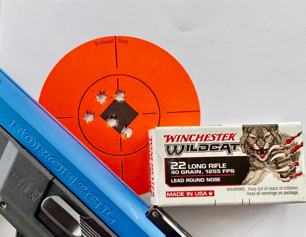 Tangfolio Force 22 TB pistol with Winchester Wildcat ammo and a Birchwood Casey Target spot