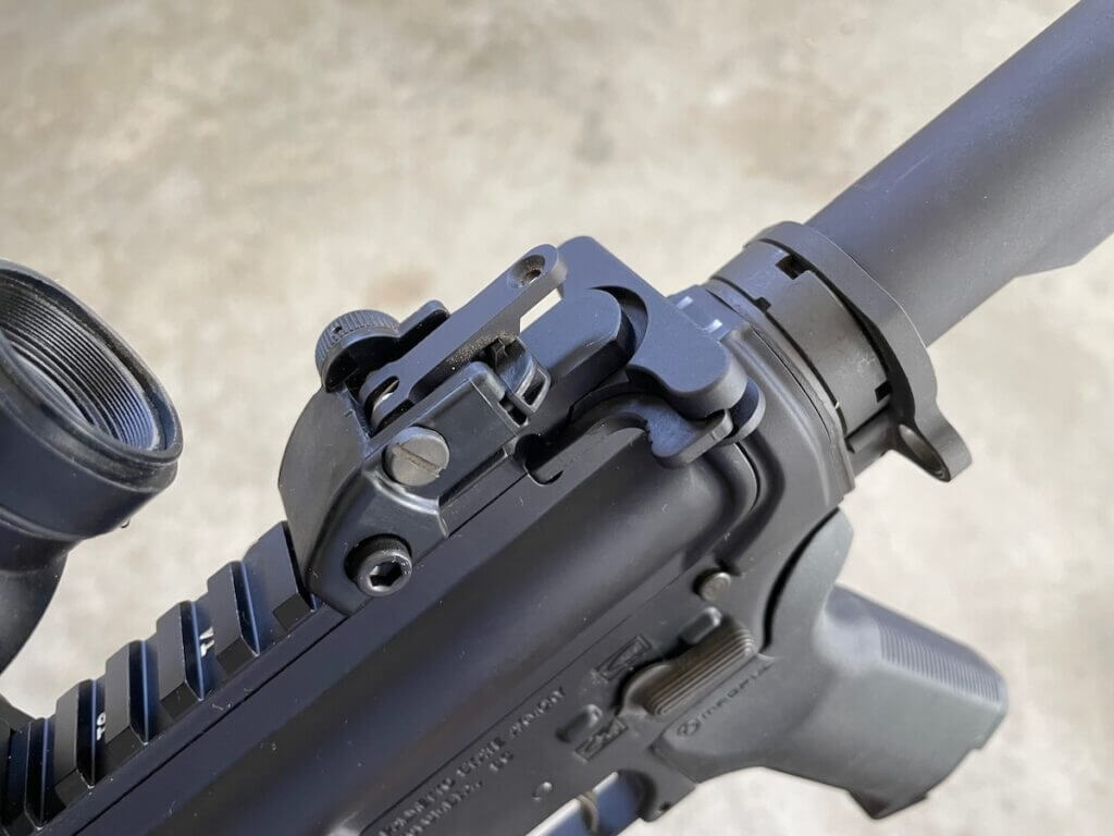 mil-spec charging handle and BUIS rear sight