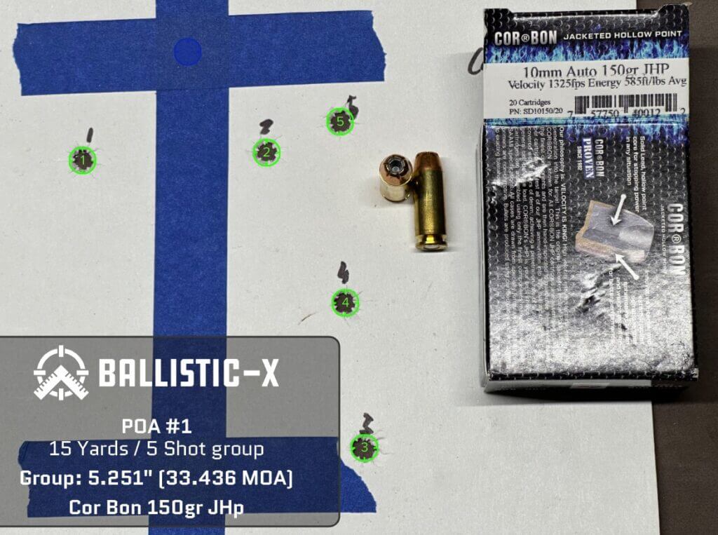 Five bullet holes are grouped on a target.