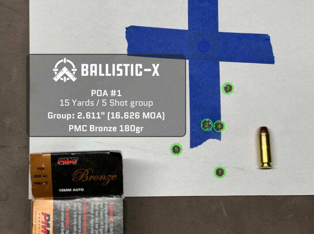 Five bullet holes are grouped on a target.