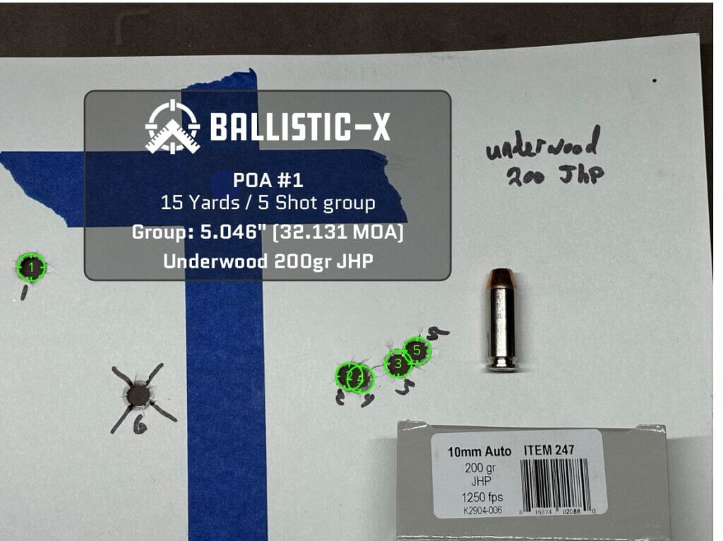 Five bullet holes are grouped on a target