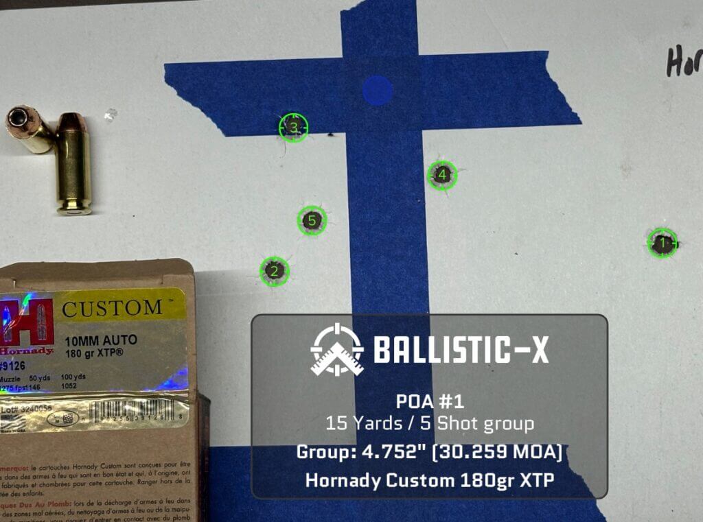 Five bullet holes are grouped on a target.