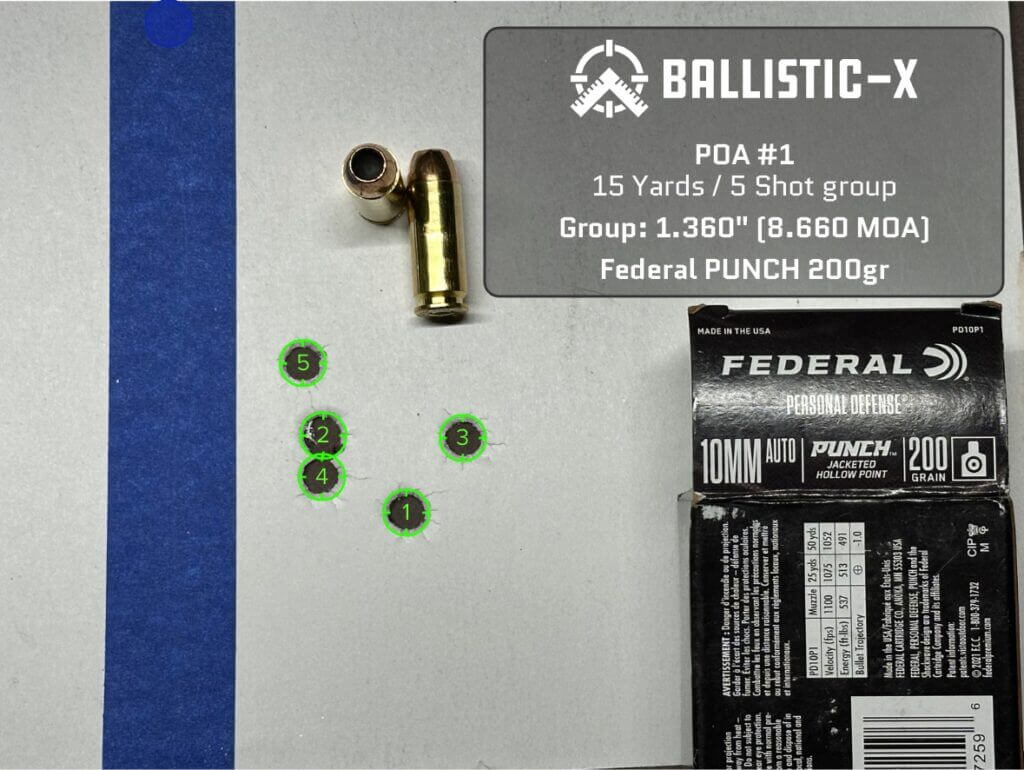 Five bullet holes are grouped on a target.