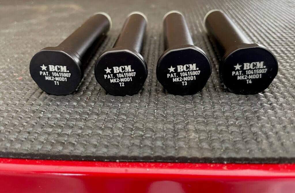 BCM Recoil Mitigation System buffers T1 (4.7 ounces), T2 (5.6 ounces), T3 (6.5 ounce), and T4 (7.4 ounces