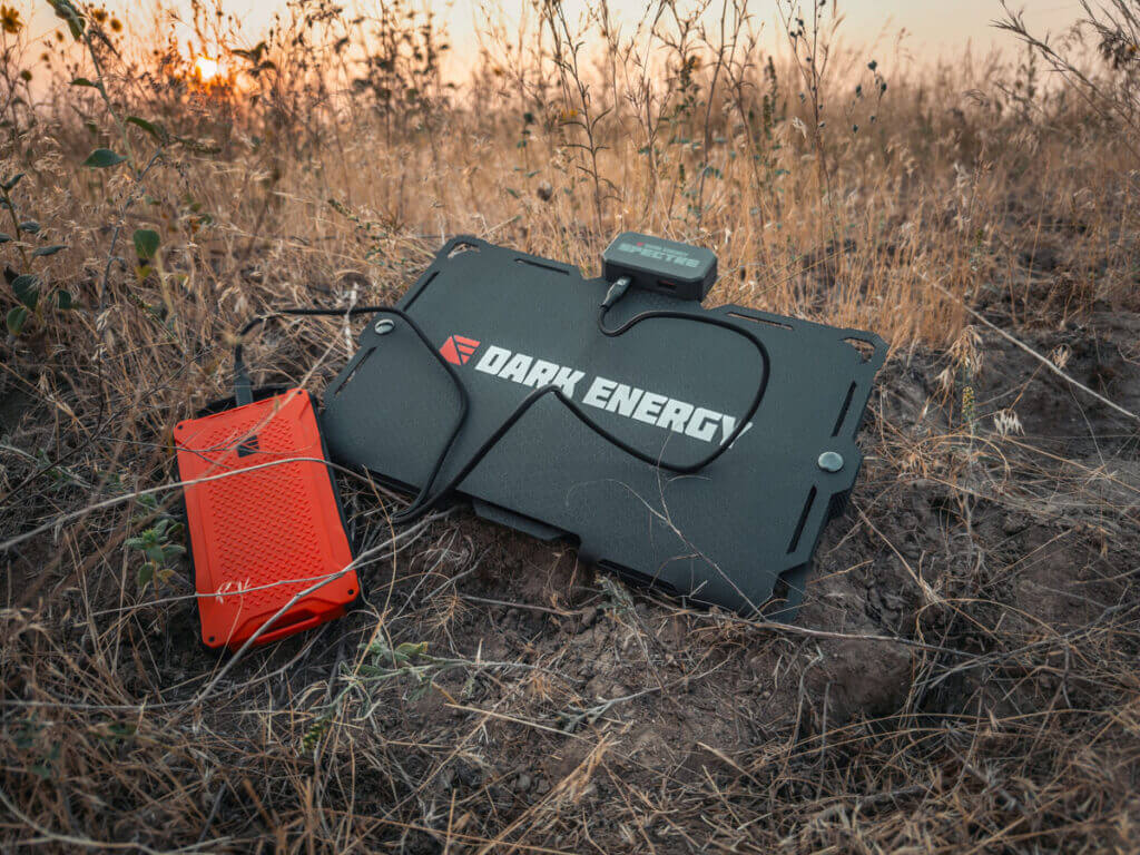 Dark Energy Spectre 18W Solar Panel connected to a batter bank.