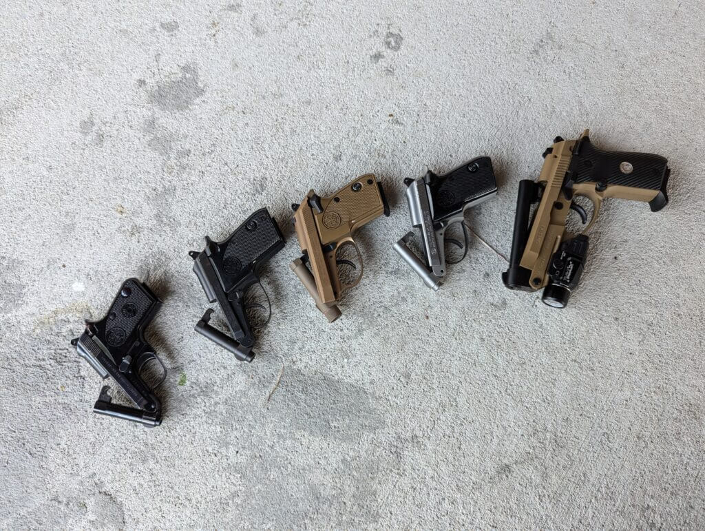 A line of tip-up pistols