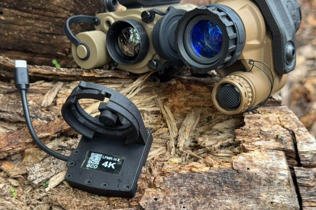 LPMR-X on wood log with night vision helmet. 