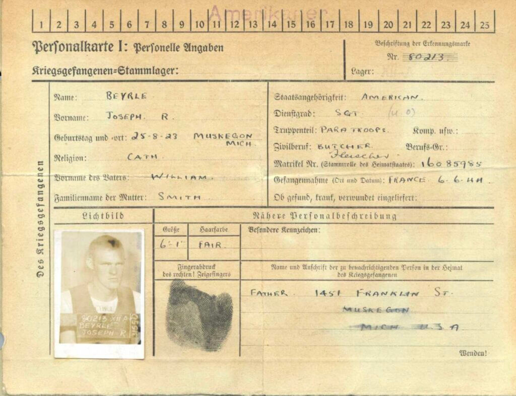Joseph "Jumpin' Joe" Beyrle POW registration document