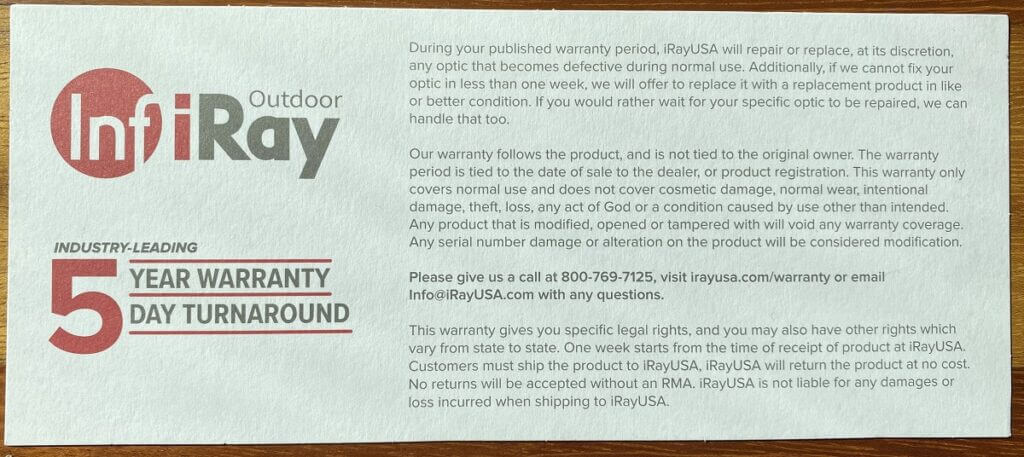 InfiRay 5-year warranty