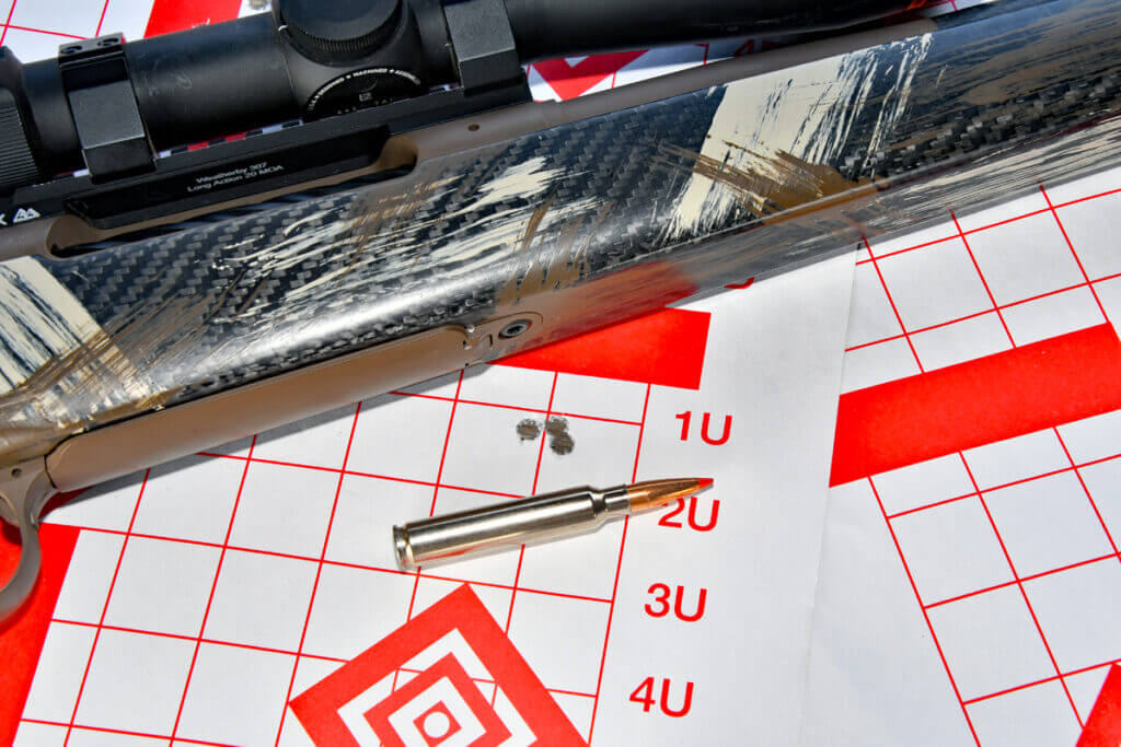 Target group with Federal 7mm Backcountry ammunition with 175-grain Fusion Tipped bullet and Weatherby 307 Alpine CT rifle