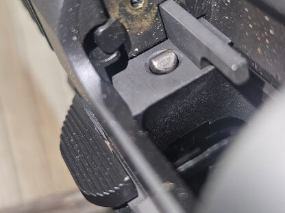 Beveled stripper rail about to contact disconnector on MAC 9 Double Stack 1911.