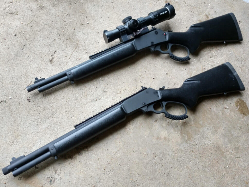 lever-action rifle with scope and iron sights for deer hunting