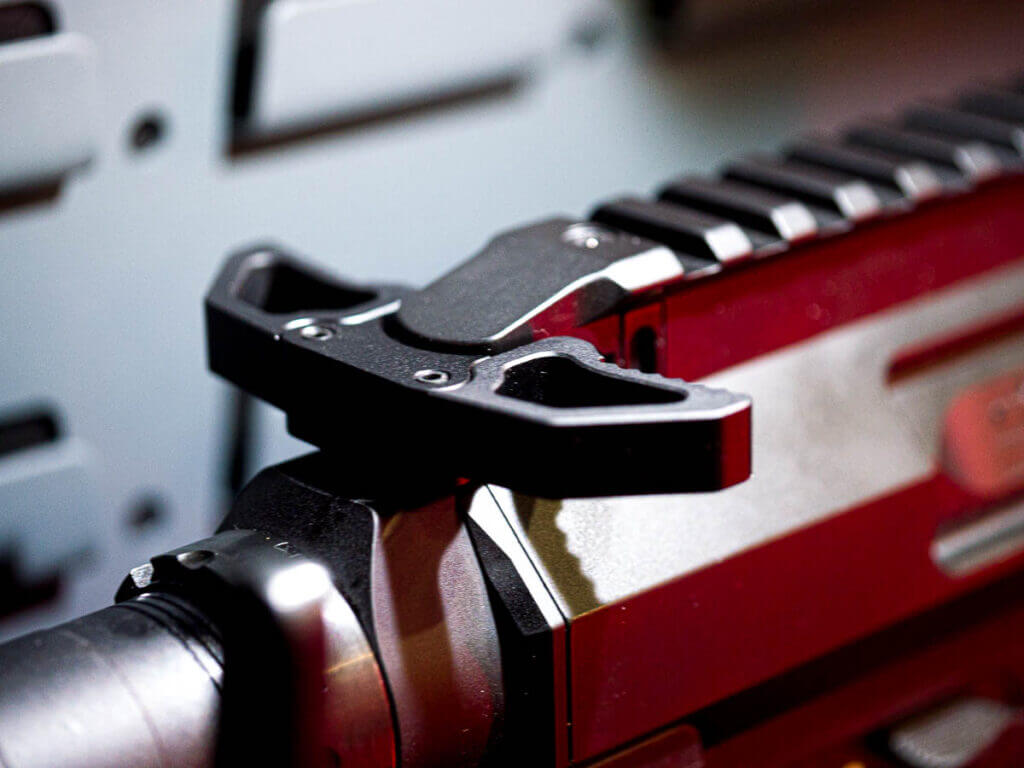 Close up of the right side of the back right side showing the ambidextrous charging handle.