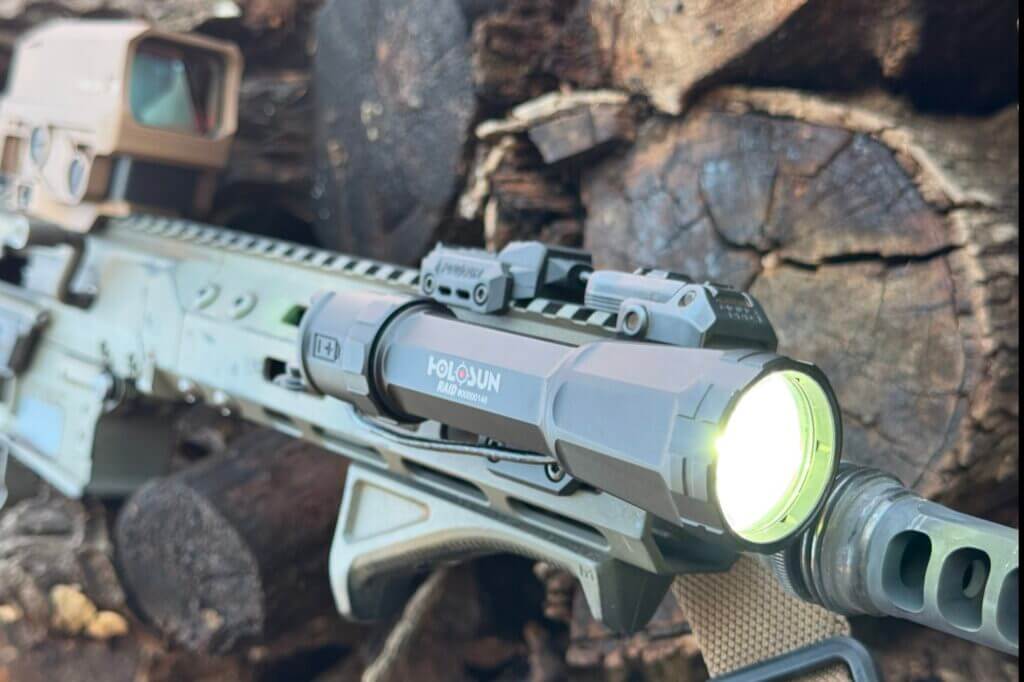 Holosun RAID mounted to a rifle next to rugged logs