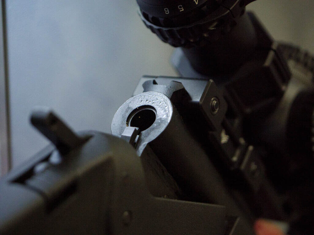 Close up of the break action open.