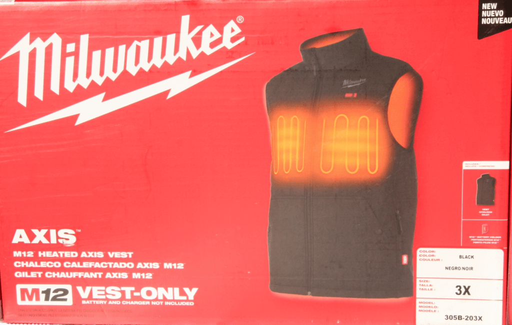 Front of Milwaukee Axis heated vest box highlighting M12 system and carbon fiber heat zones